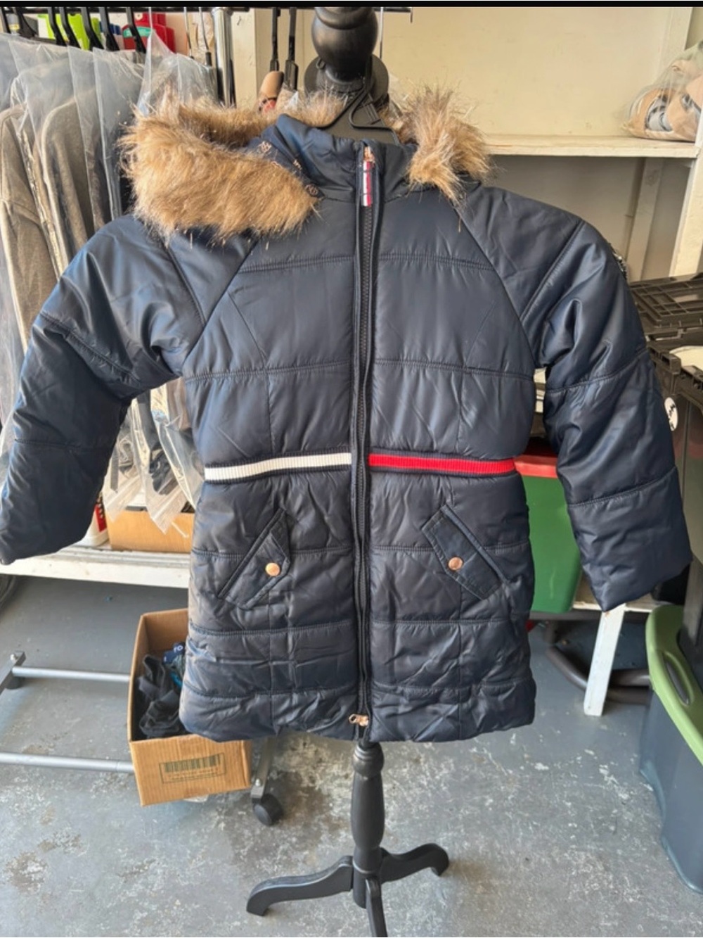 Tommy Hilfiger Navy Puffer Coat with Faux Fur Trim